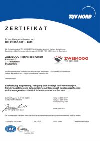 zweimoog technologie ISO 9001 Zertifikat 